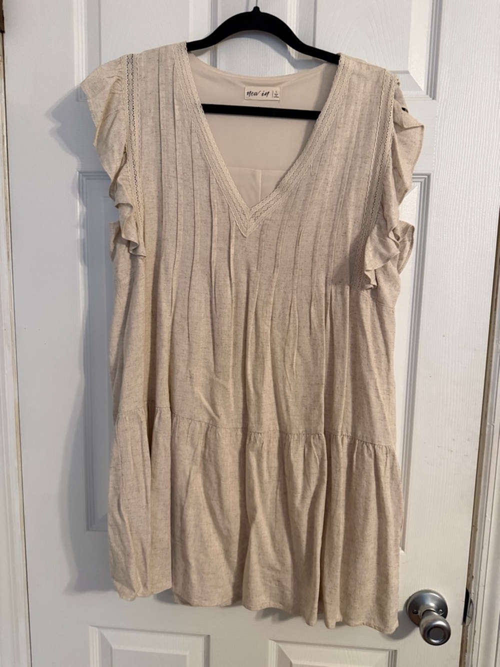 Neutral Beige Ruffle Sleeve V-Neck Tunic Dress